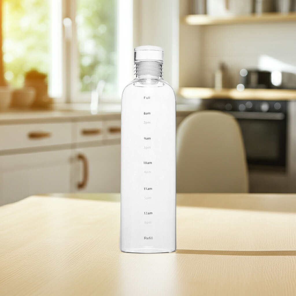 500ml Glass Water Bottle with Time Marker In a clean, modern kitchen