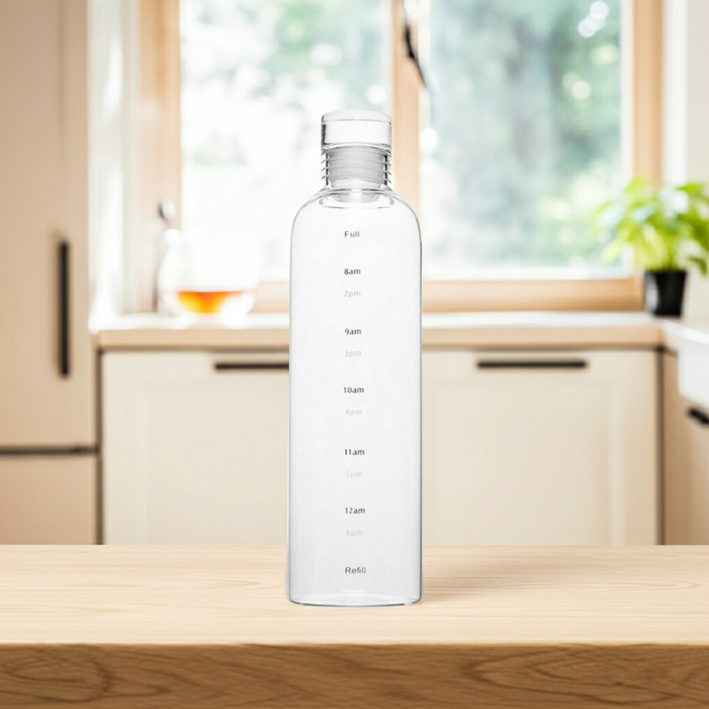 500ml Glass Water Bottle with Time Marker on a kitchen table