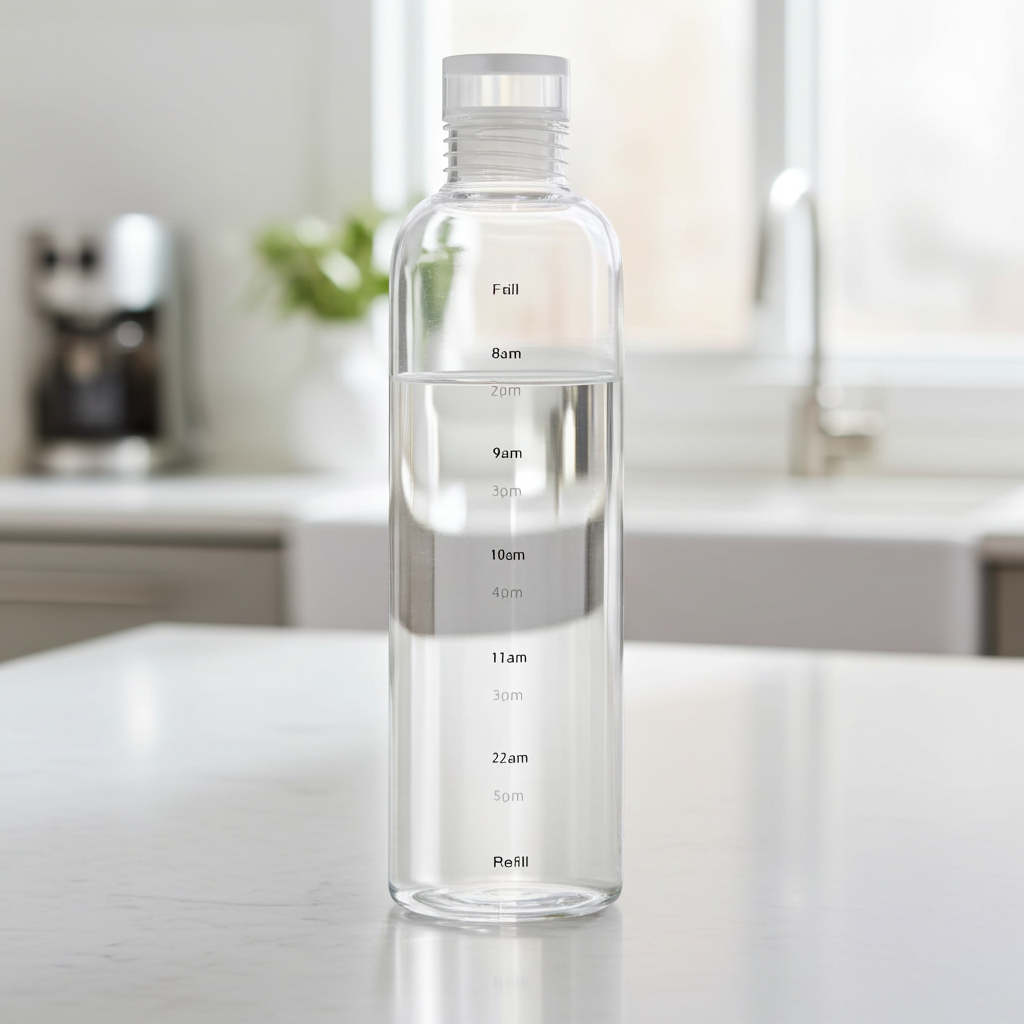 500ml Glass Water Bottle with Time Marker in a clean, antiseptic kitchen