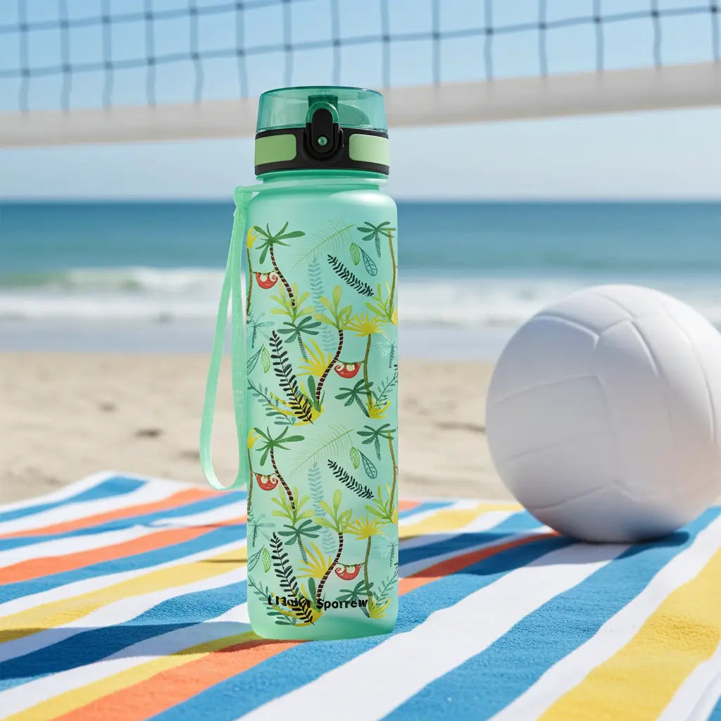 Super Sparrow Tritan Sports Water Bottle on a beach blanket under a volleyball net