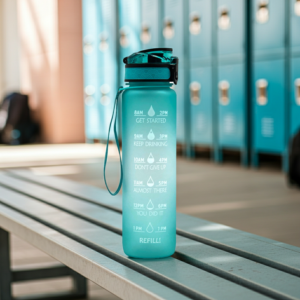 1L Tritan Water Bottle With Time Marker on a bench in a school locker room