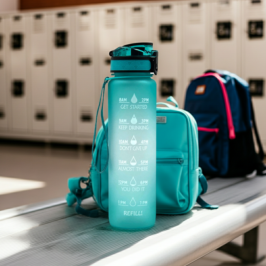 1L Tritan Water Bottle With Time Marker on a bench next to backpacks in a locker room