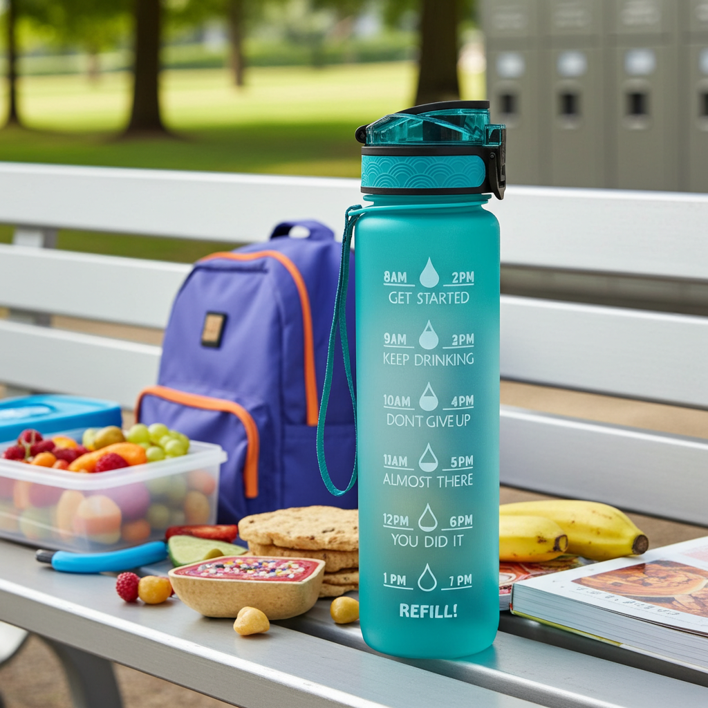 1L Tritan Water Bottle With Time Marker next to snacks and school supplies on a bench