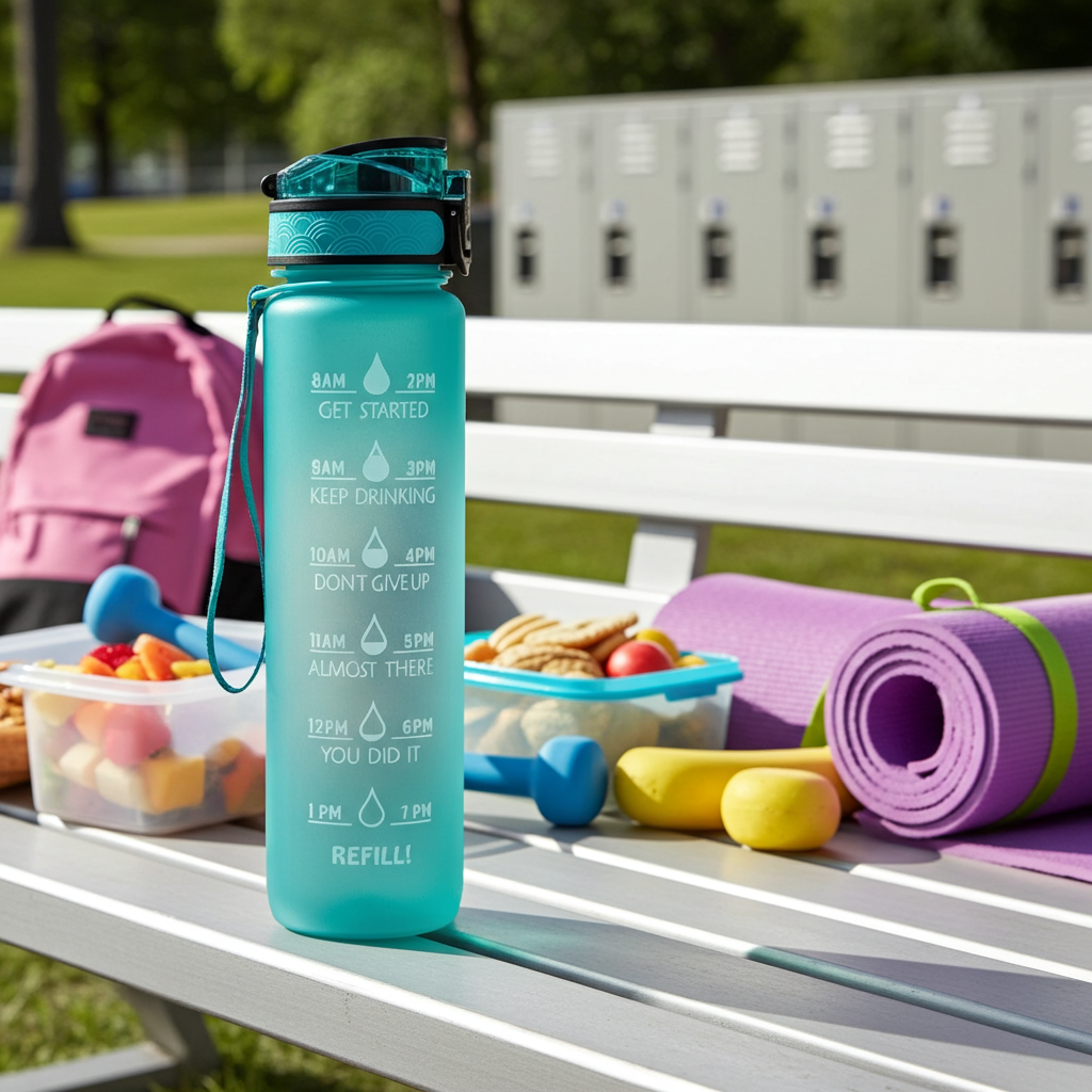1L Tritan Water Bottle With Time Marker on a metal bench next to dumbbells and snacks with lockers in the background