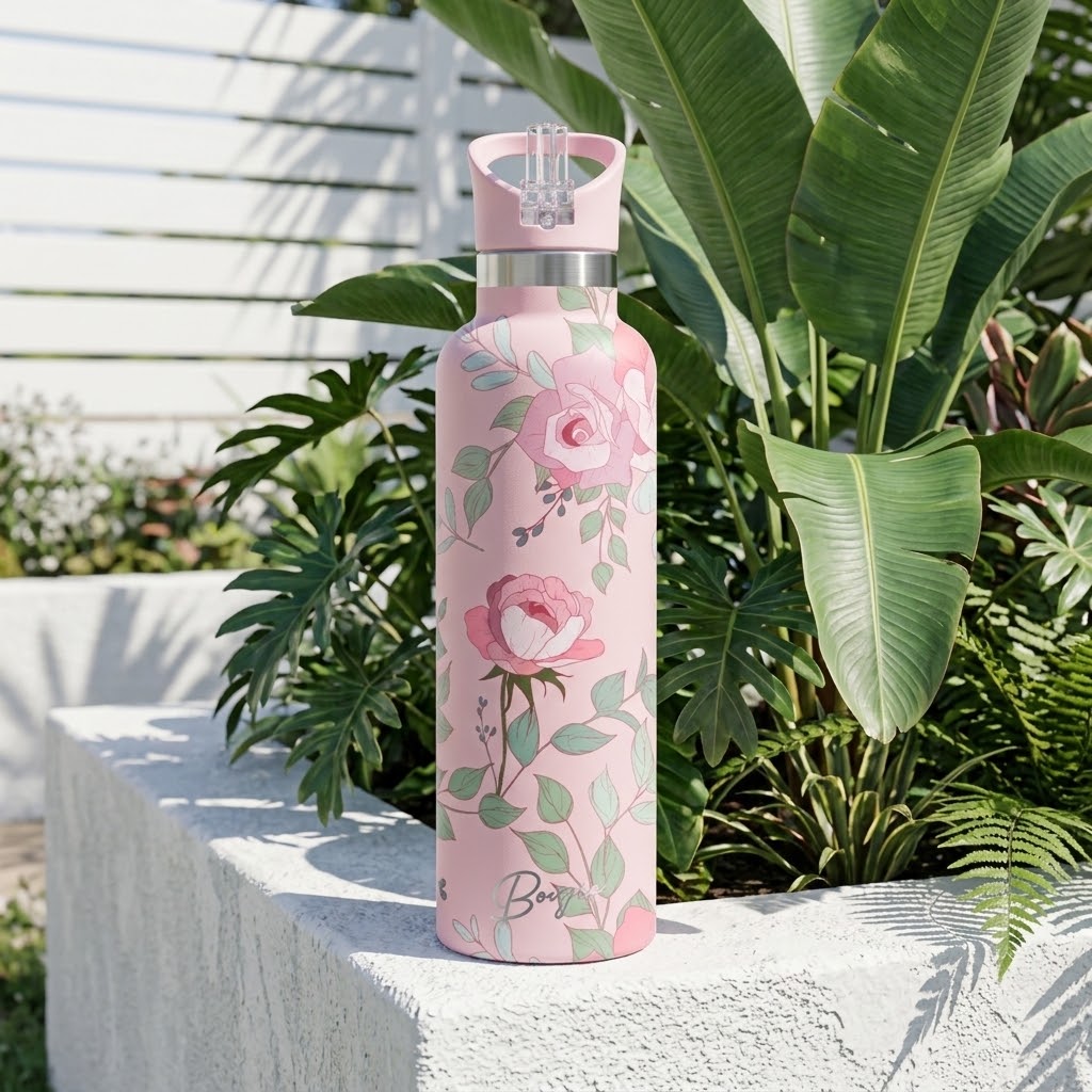 Blossom 25 oz Insulated Bottle | 3D Pink Rose on a ledge in a garden 