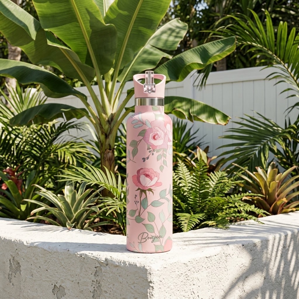 Blossom 25 oz Insulated Bottle | 3D Pink Rose in a leafy summer garden