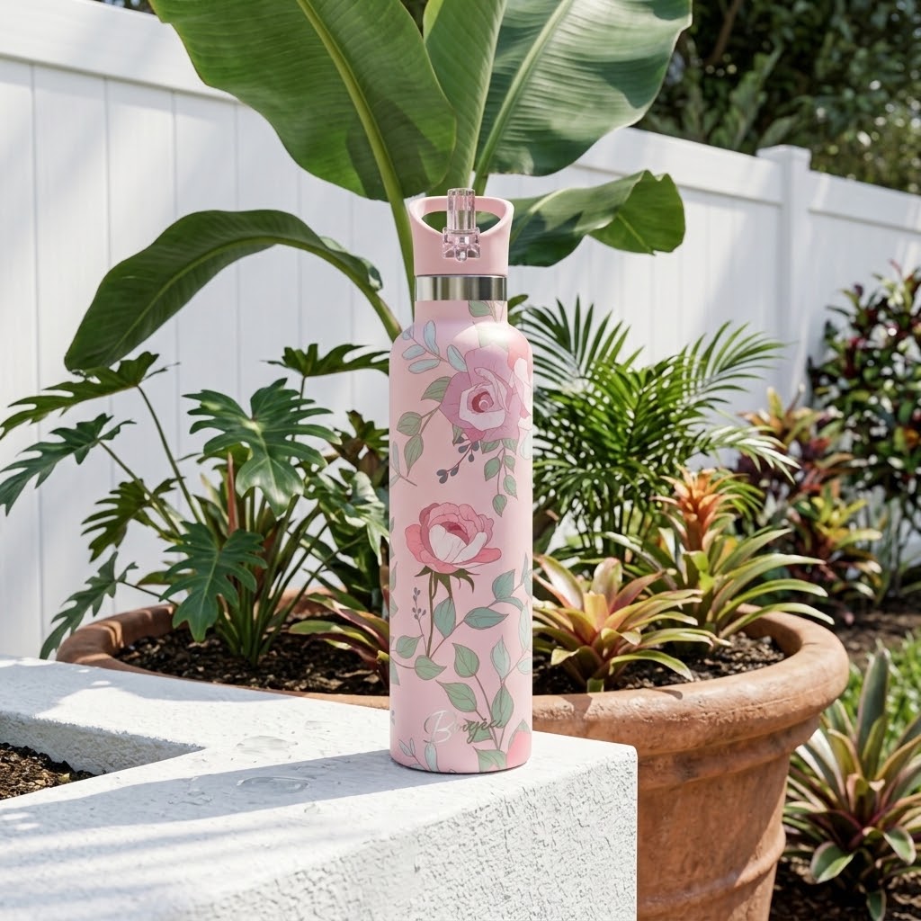 Blossom 25 oz Insulated Bottle | 3D Pink Rose with leafy green plants
