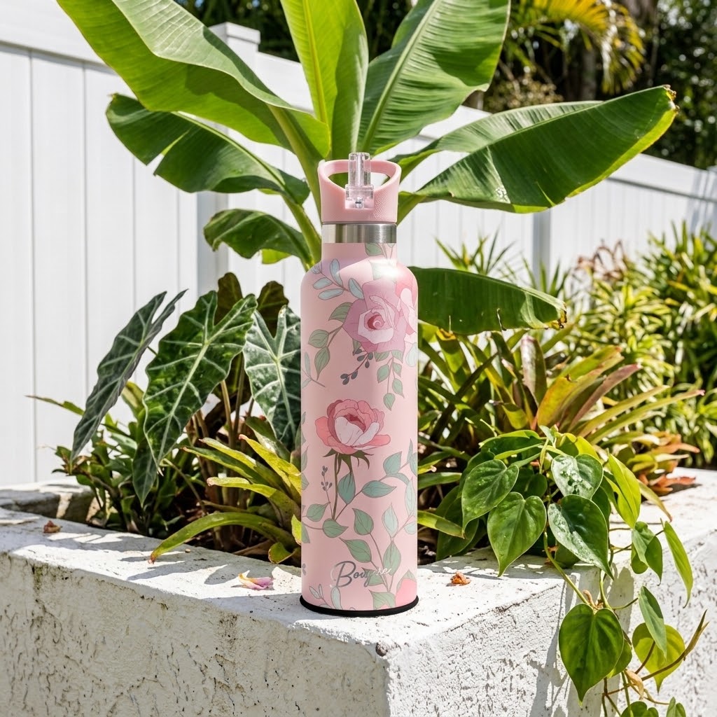 Blossom 25 oz Insulated Bottle | 3D Pink Rose in a summer garden scene