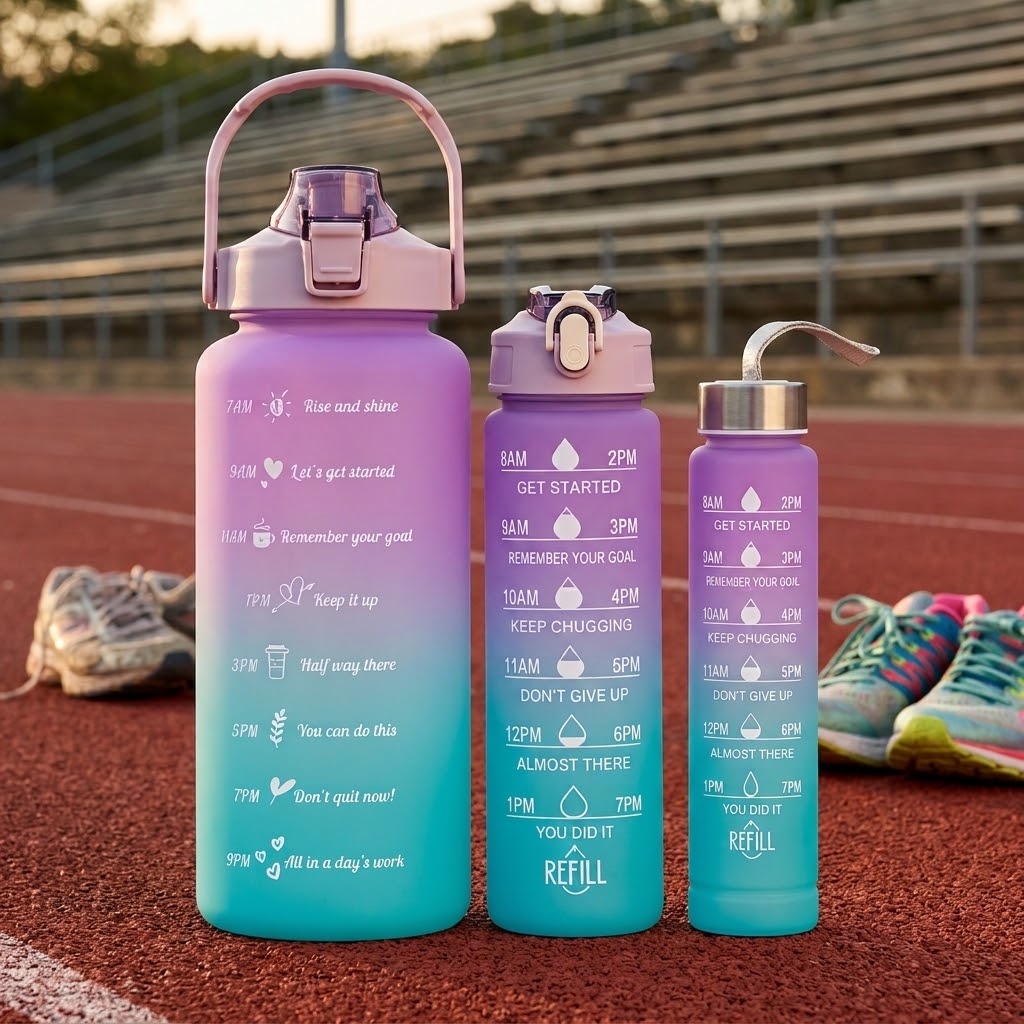 Gradient Athletic Water Bottles — 3-Pack on a track with athletic shoes