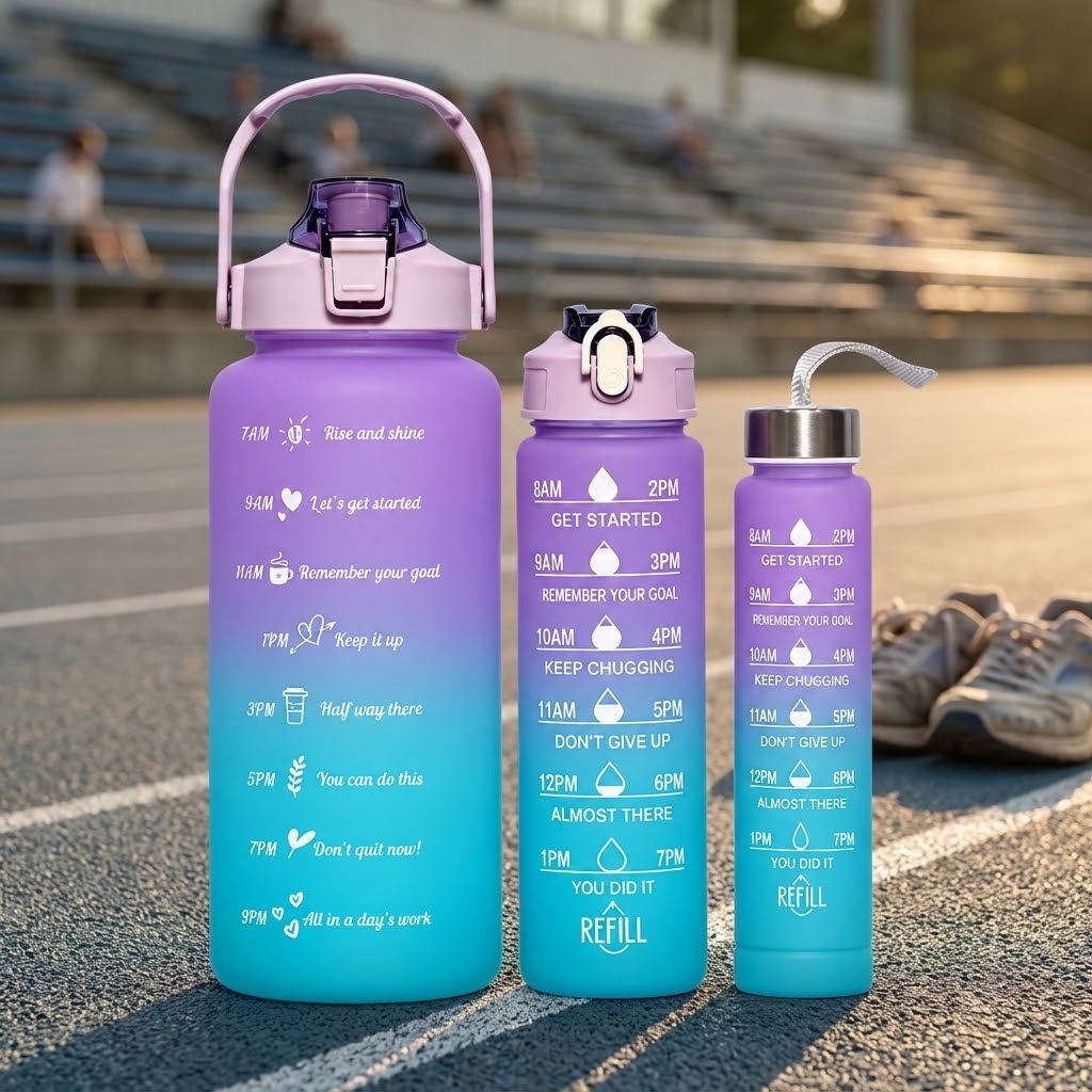 Gradient Athletic Water Bottles — 3-Pack on a track with a pair of running shoes