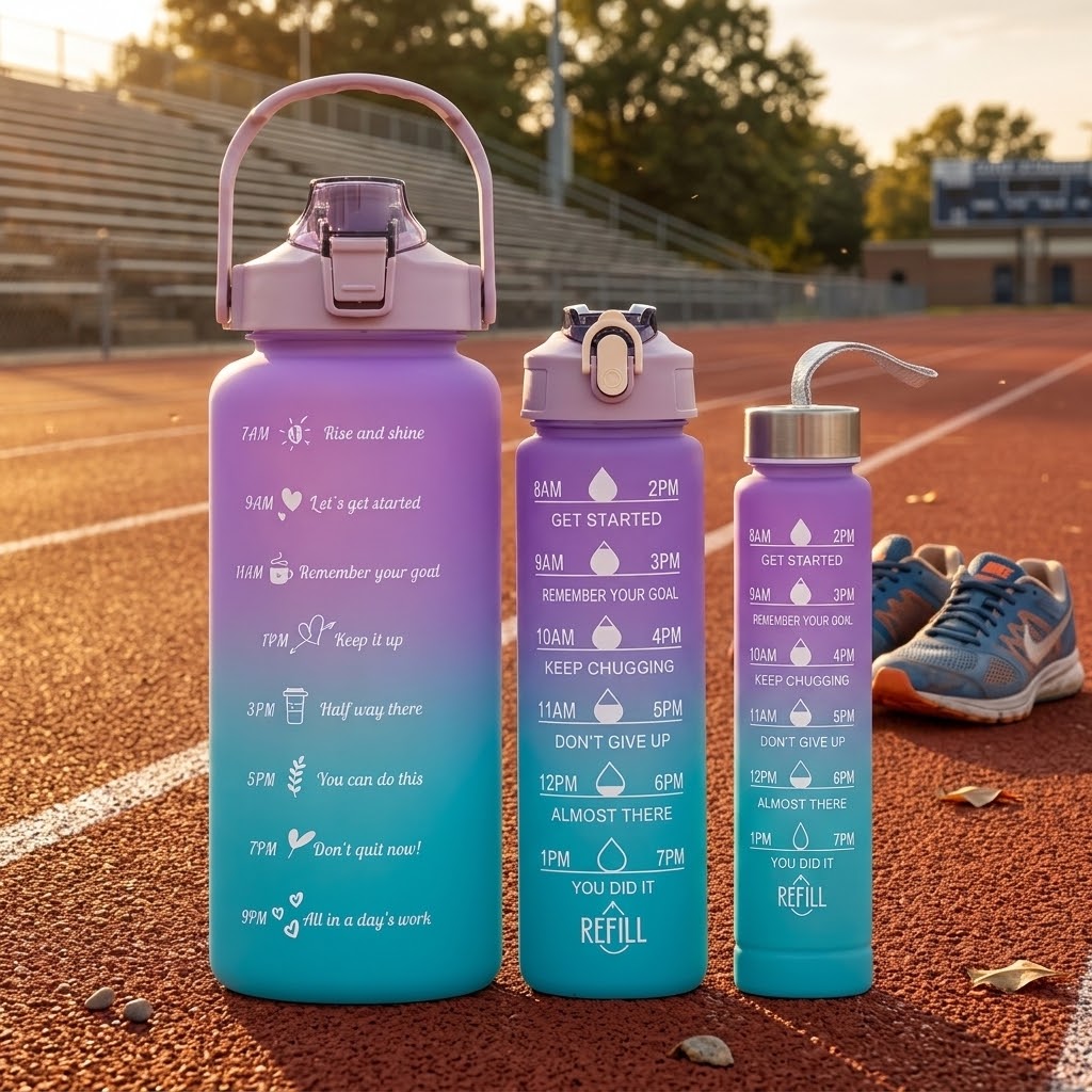 Gradient Athletic Water Bottles — 3-Pack at a school track on a fall afternoon