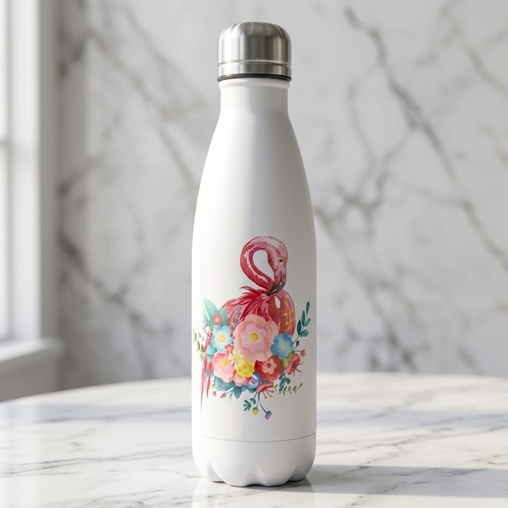 Flamingo Fun Stainless Steel Bottle — 500ml in a marble interior scene