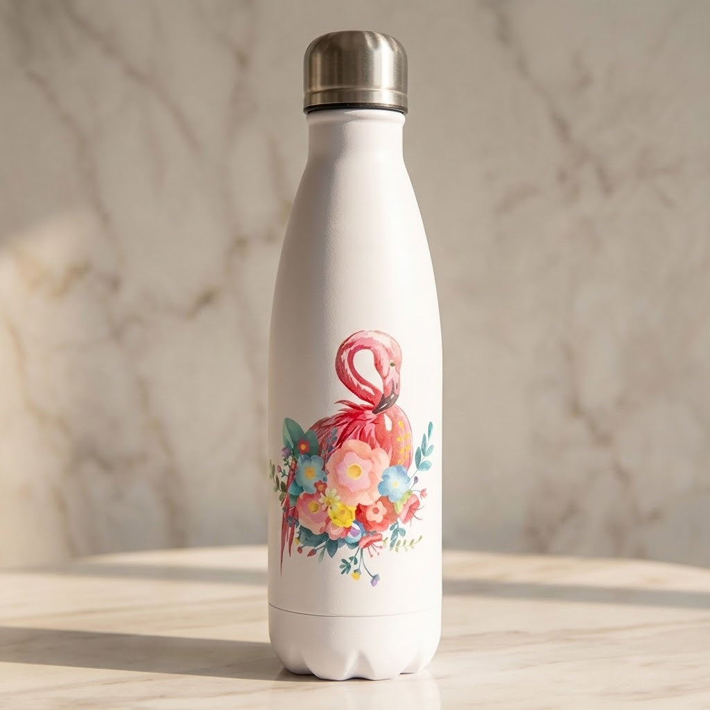 Flamingo Fun Stainless Steel Bottle — 500ml on a marble background