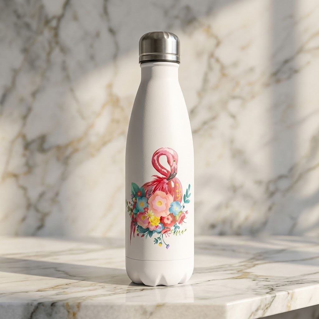 Flamingo Fun Stainless Steel Bottle — 500ml on a white marble countertop