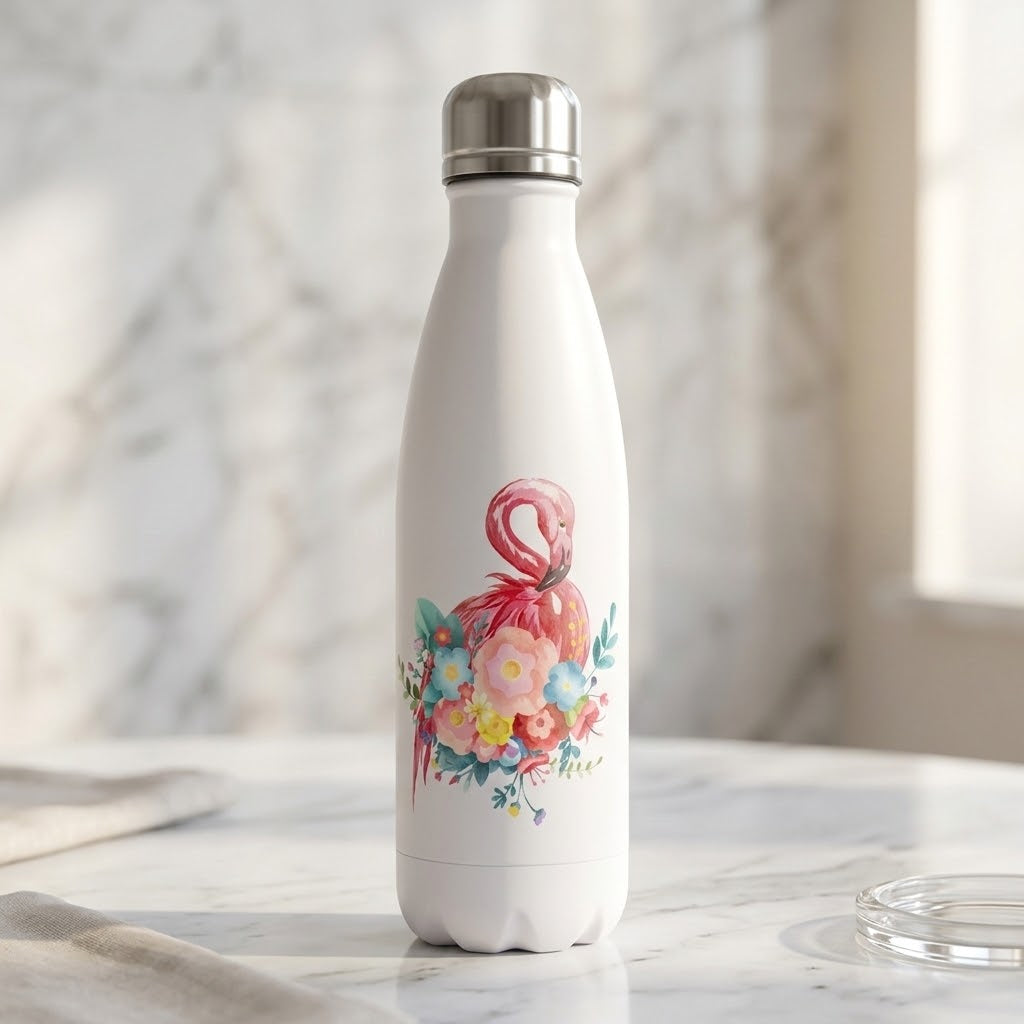 Flamingo Fun Stainless Steel Bottle — 500ml in a room with white marble walls and furniture