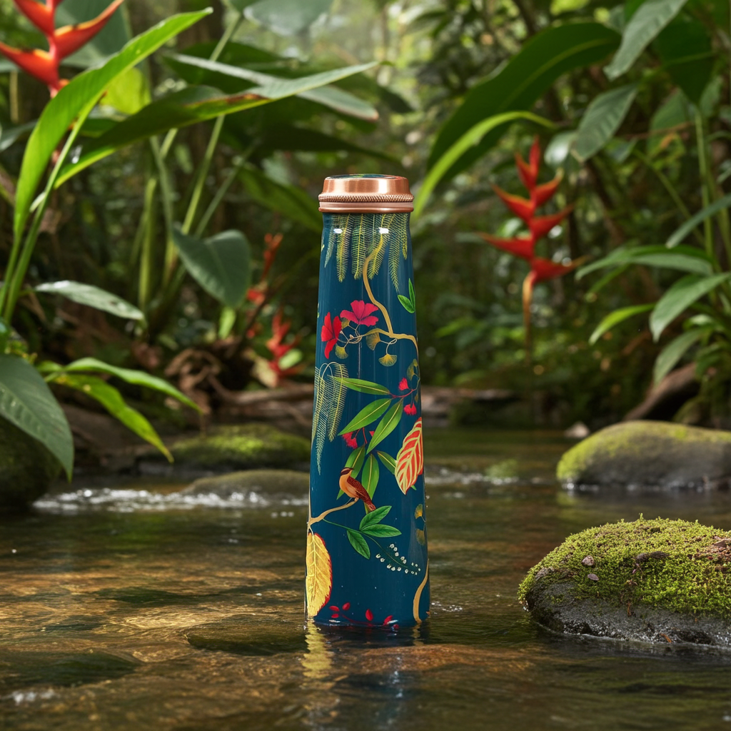Fronds and Florets Tapered Copper Bottle 750 mL in a lush tropical stream
