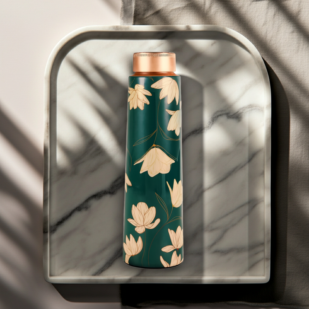 Floral Printed Green Copper Water Bottle on a marble tray