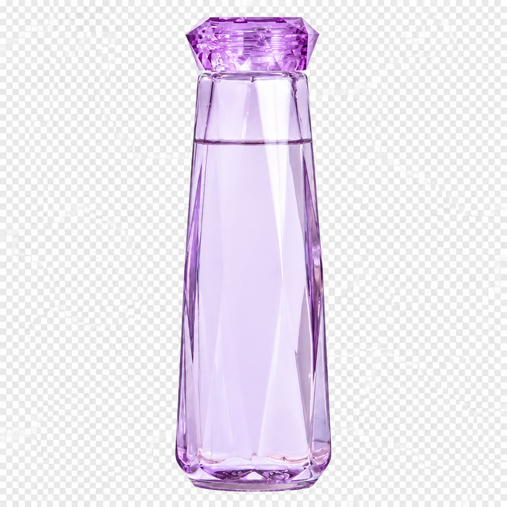 Purple glass water bottle with lid, isolated on transparent background