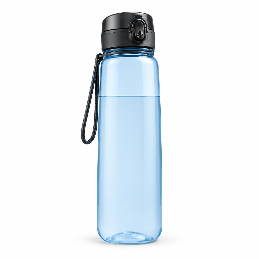 Glacier Blue Tritan sports water bottle with carry loop, clean studio product photo