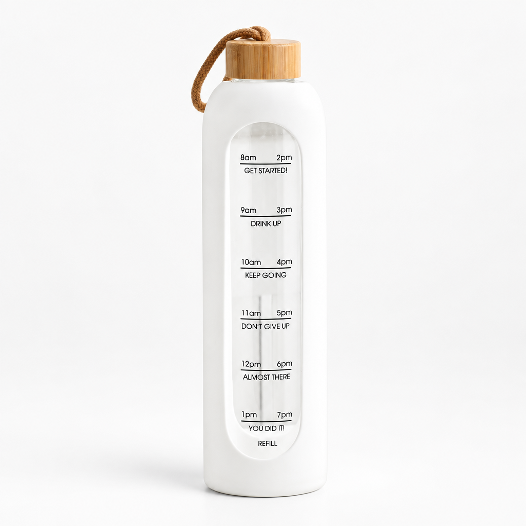 White Scale 1 L borosilicate glass bottle, clean studio product photo