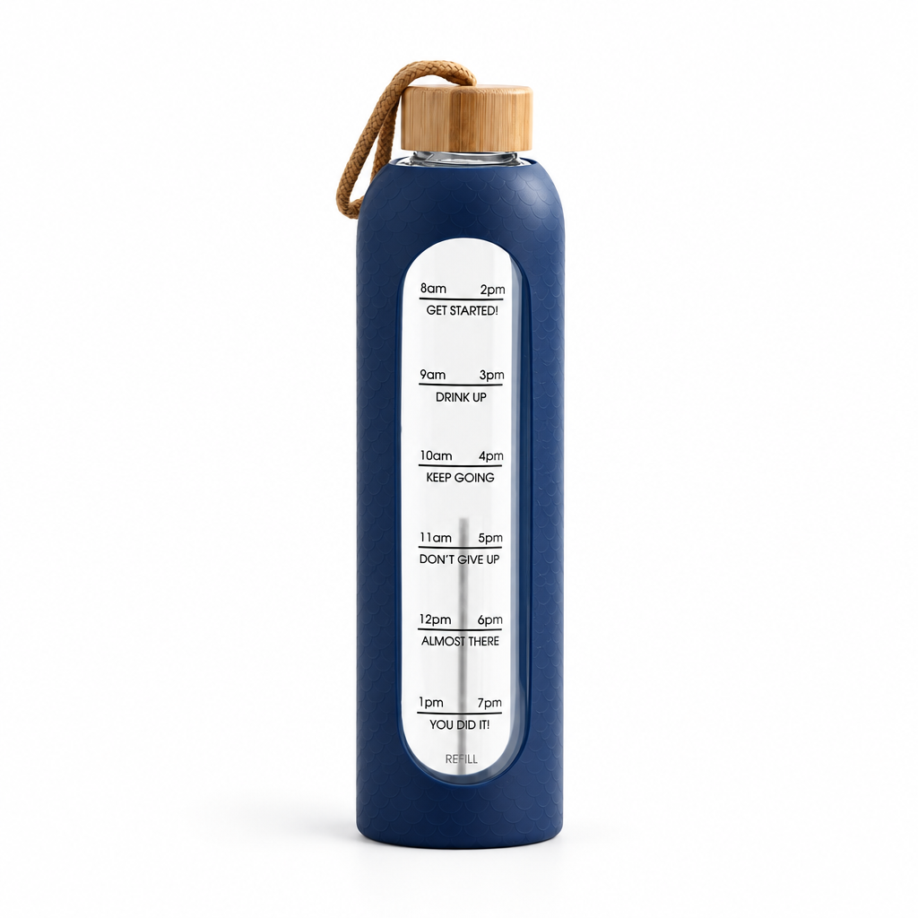 Dark Blue Scale 1 L borosilicate glass bottle, clean studio product photo