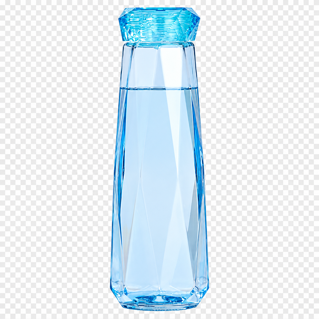 Blue glass water bottle with lid, isolated on transparent background