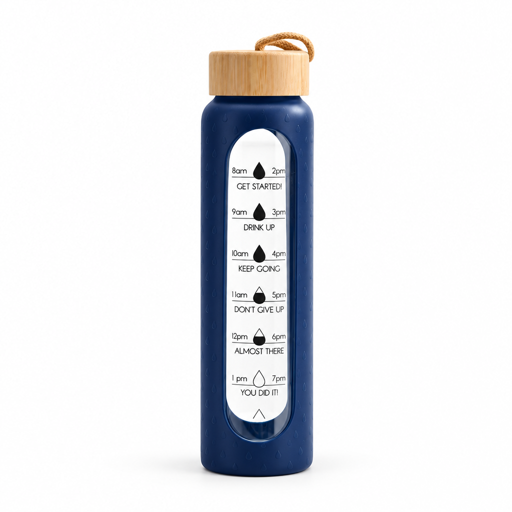 Dark Blue Water Drop 1 L borosilicate glass bottle, clean studio product photo