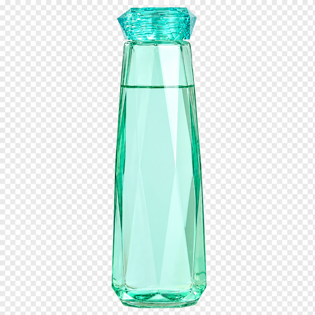 Green glass water bottle with lid, isolated on transparent background