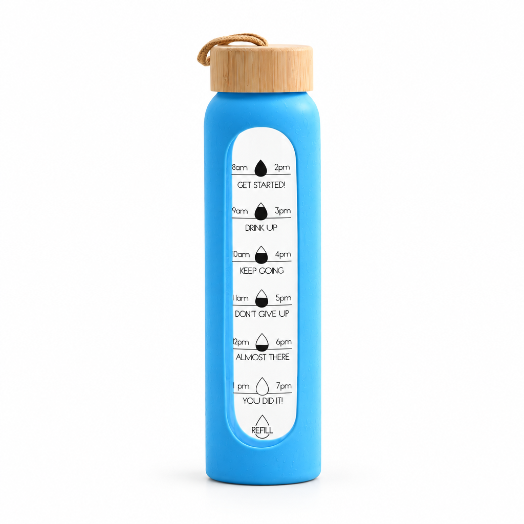 Sky Blue Water Drop 1 L borosilicate glass bottle, clean studio product photo