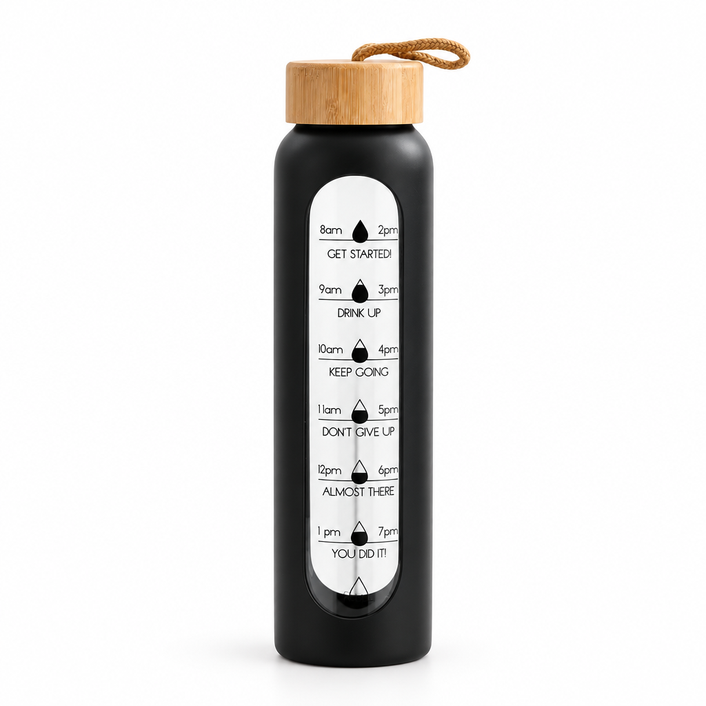 Black Water Drop 1 L borosilicate glass bottle, clean studio product photo