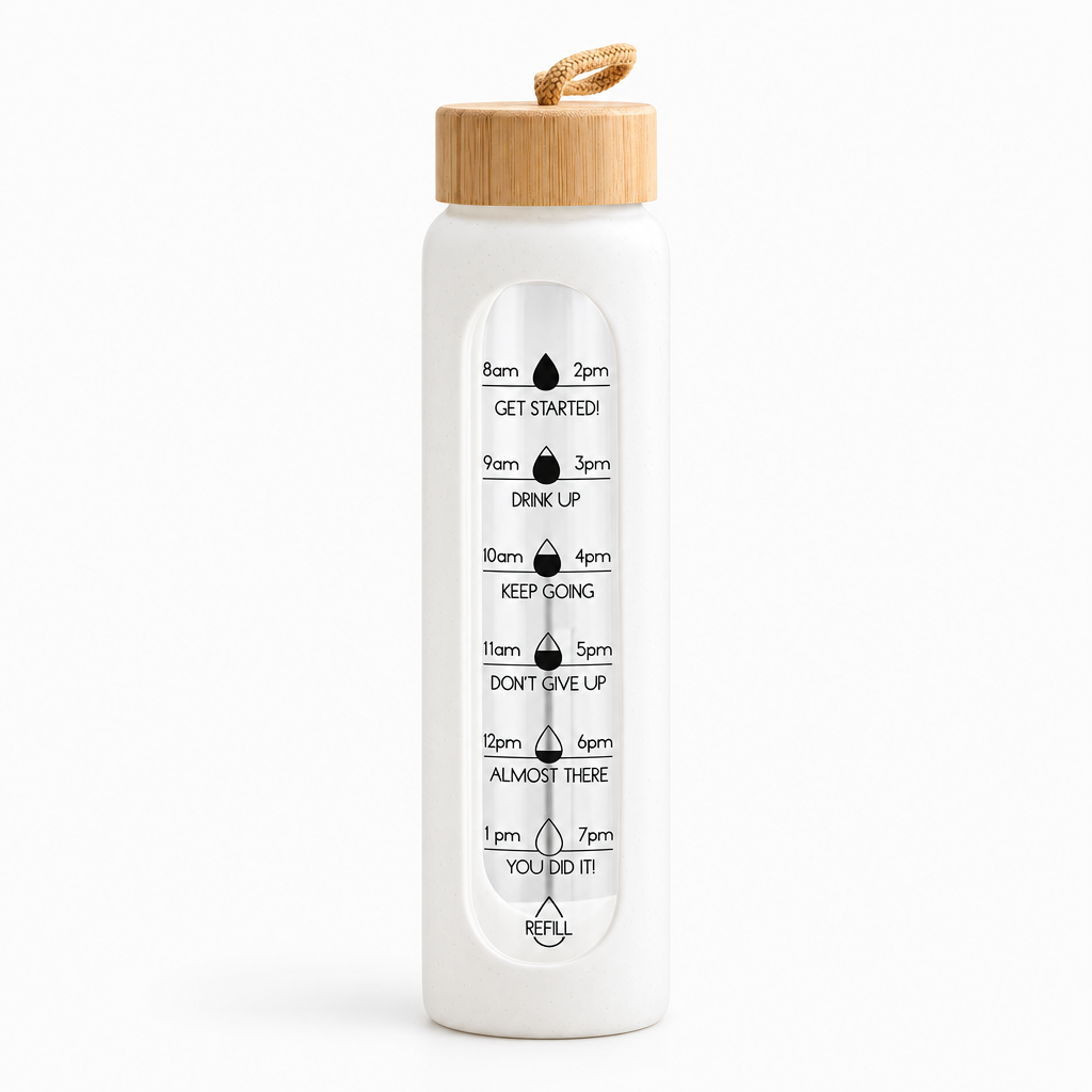 White Water Drops 1 L borosilicate glass bottle, clean studio product photo