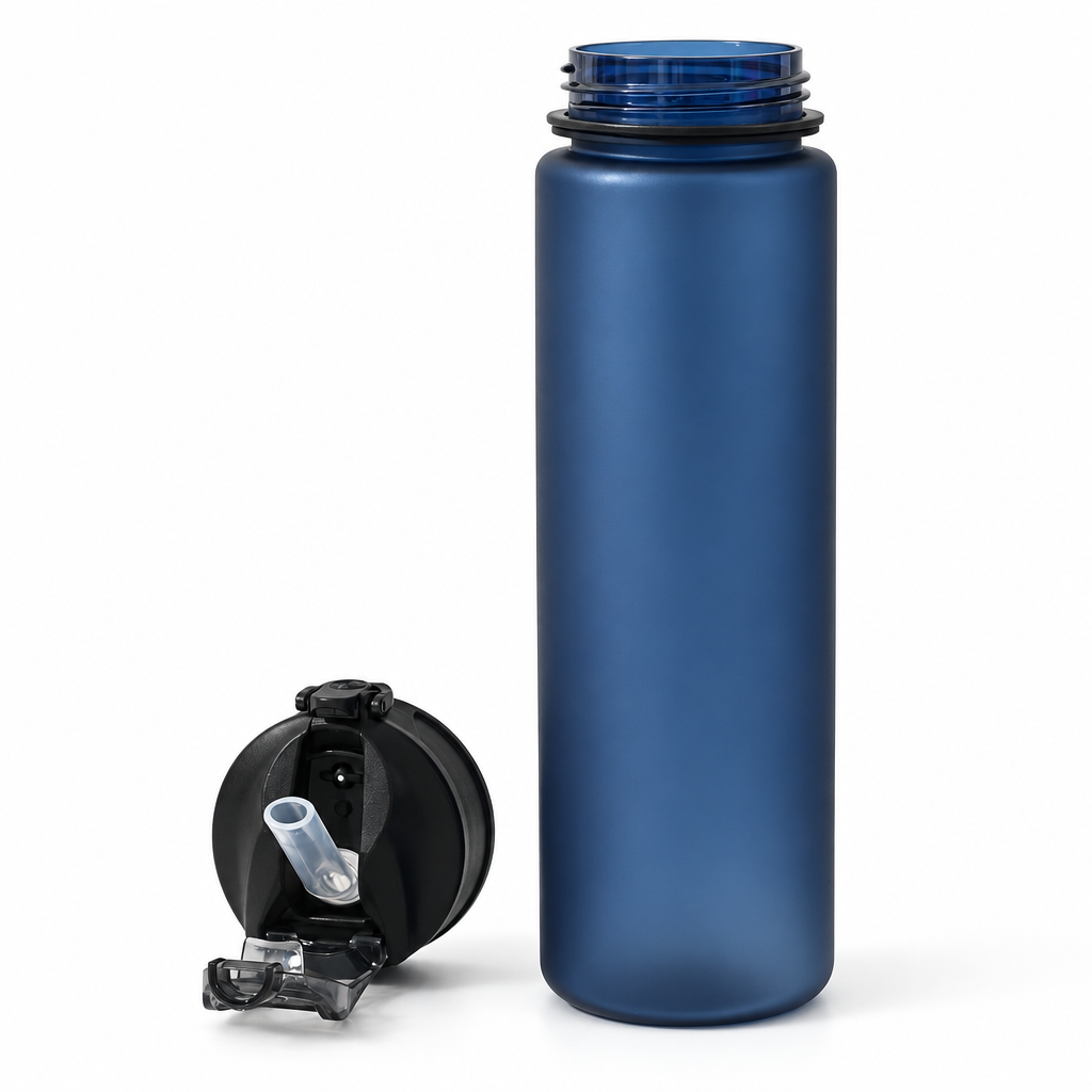 Blue 750 ml PC sports water bottle, clean studio photo