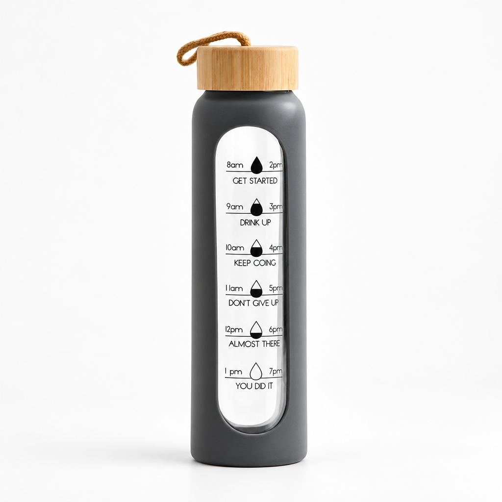 Gray Water Drop 1 L borosilicate glass bottle, clean studio product photo