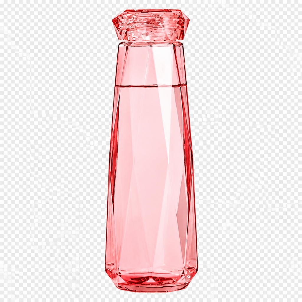 Red glass water bottle with lid, isolated on transparent background