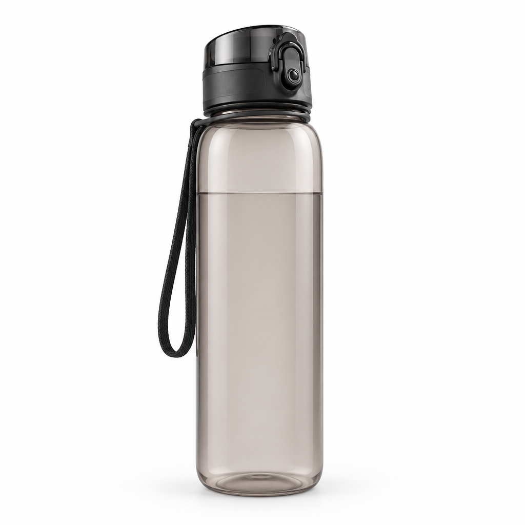 Oak Gray Tritan sports water bottle with carry loop, clean studio product photo