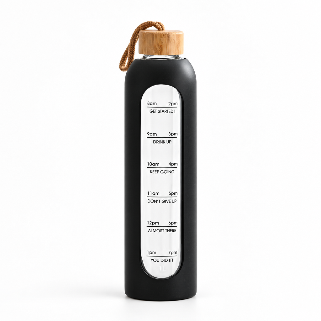 Black Scale 1 L borosilicate glass bottle, clean studio product photo