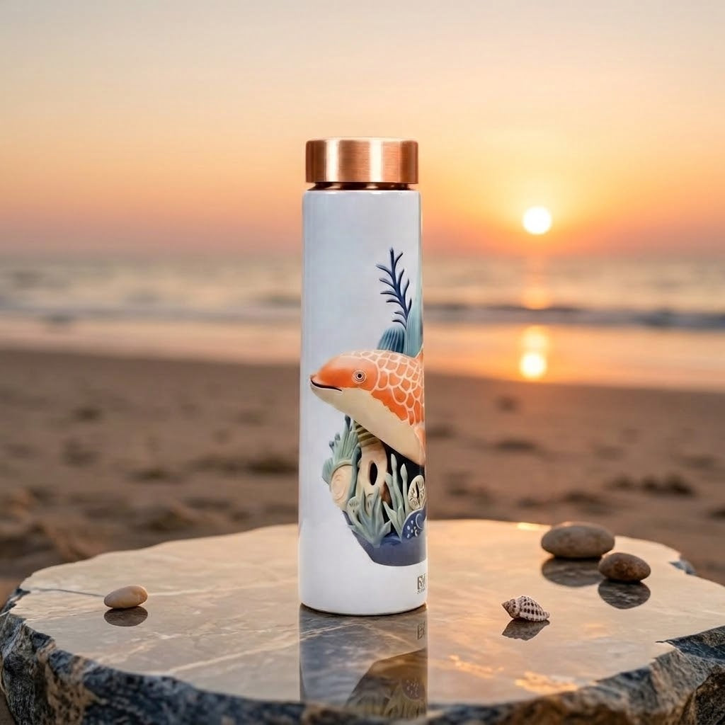 Sowpeace Aqua Mystique Copper Bottle on a beach at sunset