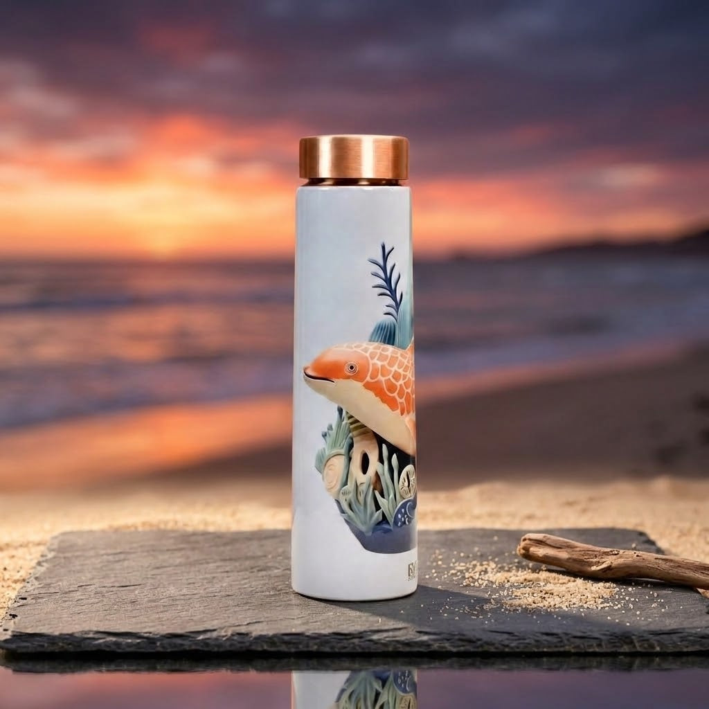 Sowpeace Aqua Mystique Copper Bottle on beach sands at dusk