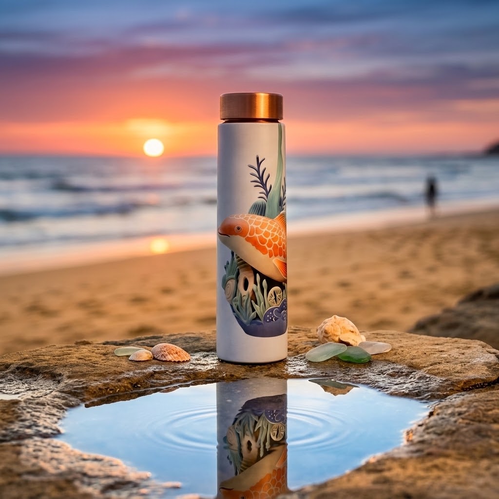 Sowpeace Aqua Mystique Copper Bottle next to a puddle on a beach