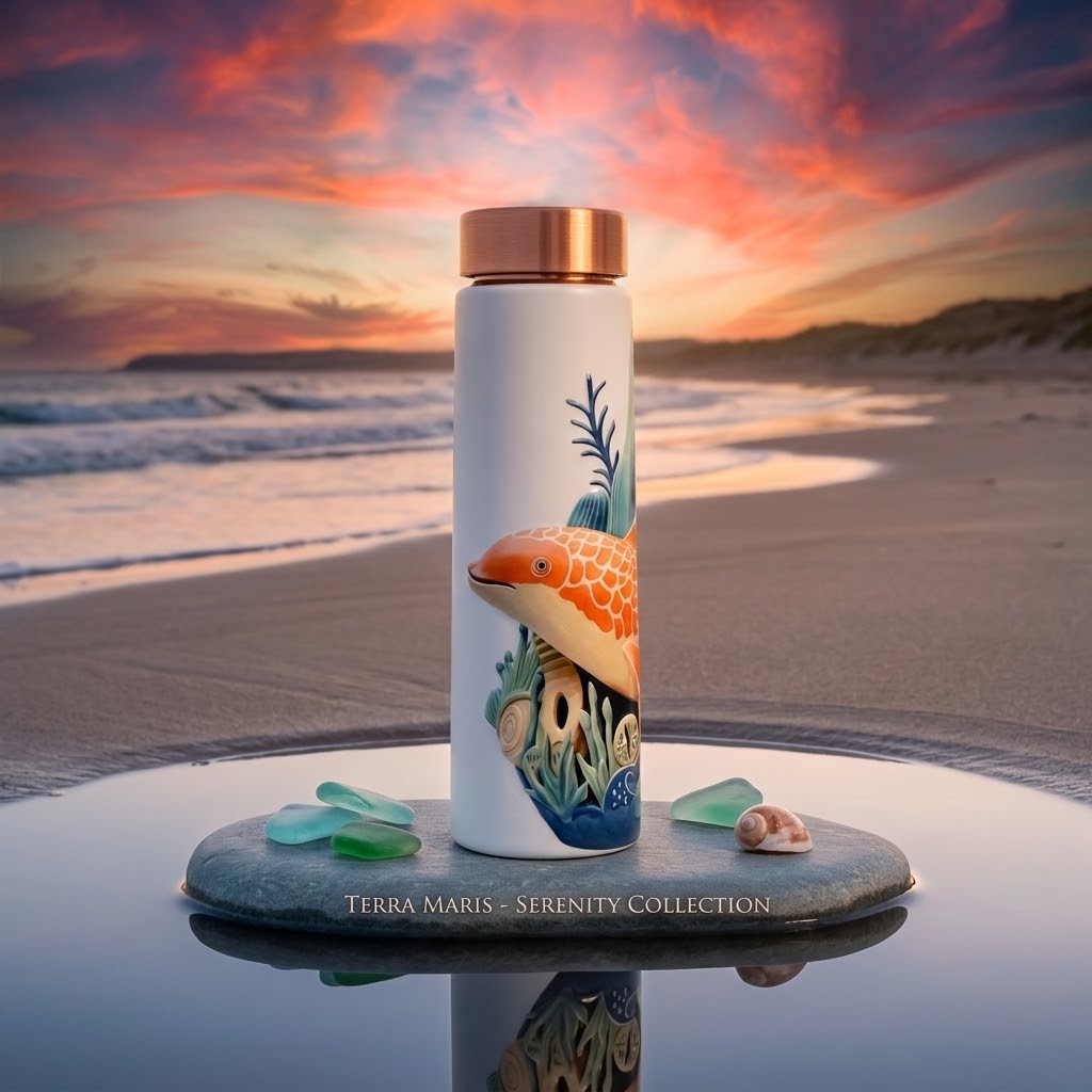 Sowpeace Aqua Mystique Copper Bottle on a beach sunset background