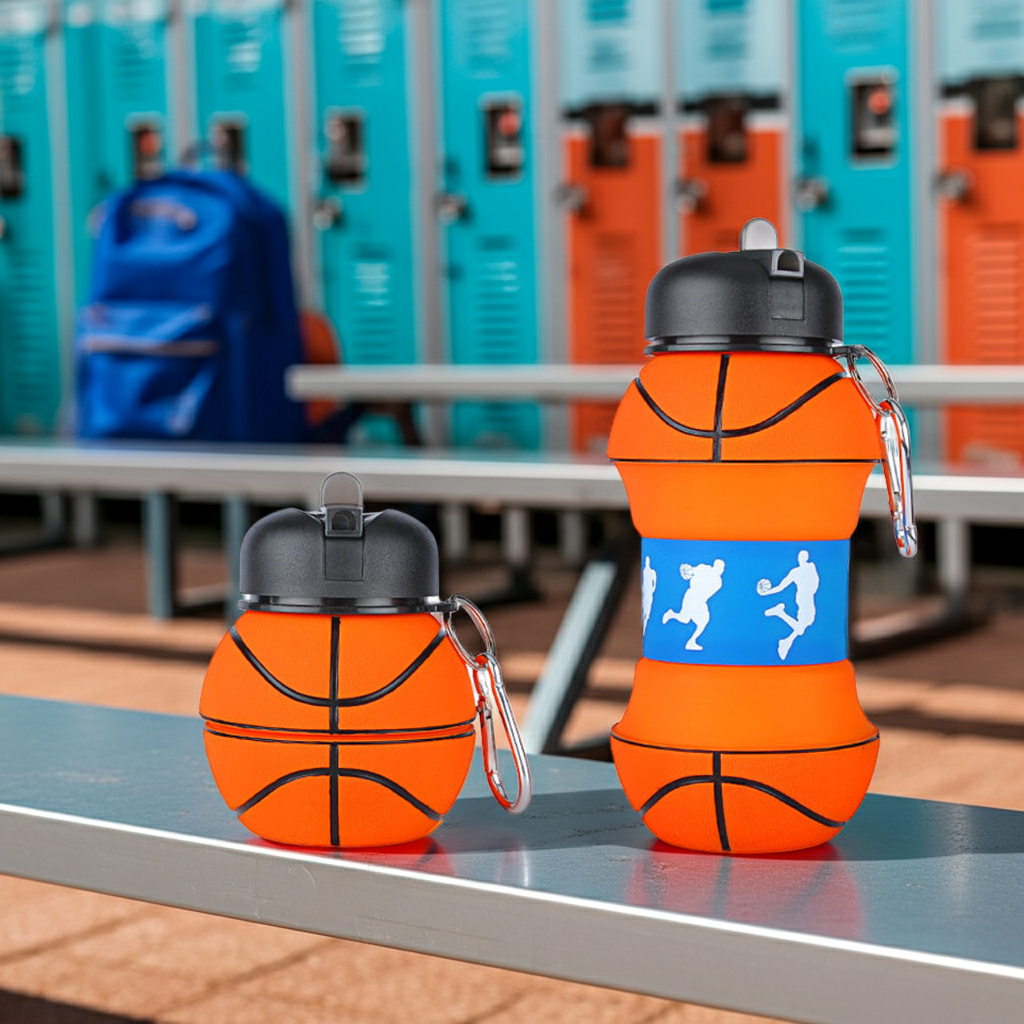 Sports Folding Water Bottle on a metal bench in a locker room
