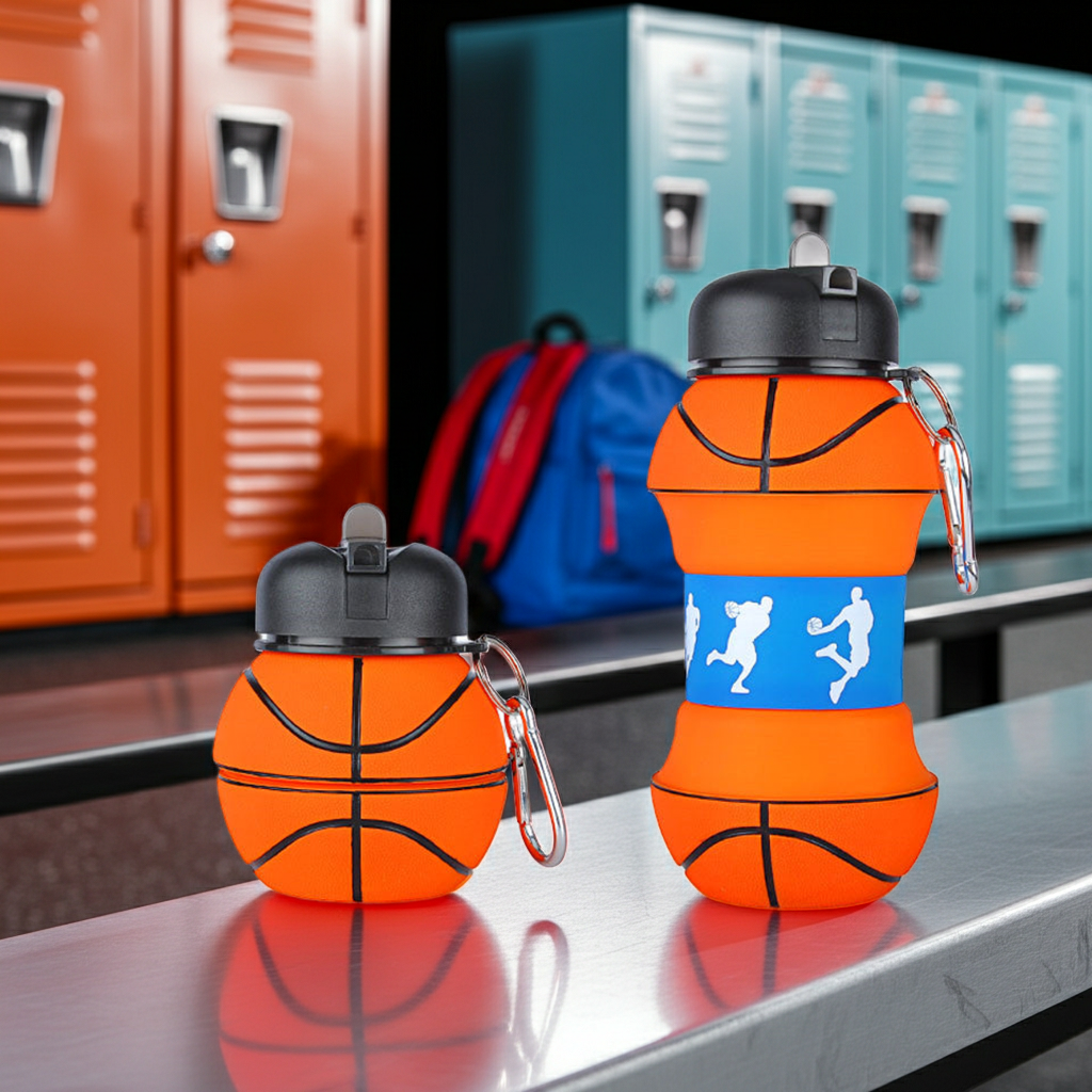 Sports Folding Water Bottle in a school locker room 