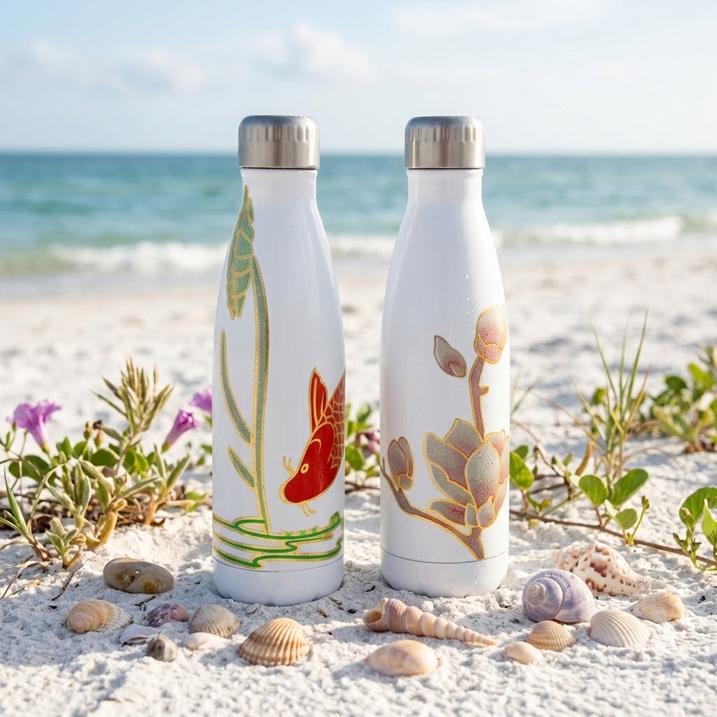 Underwater White Stainless Steel Bottle with seashells on a beach