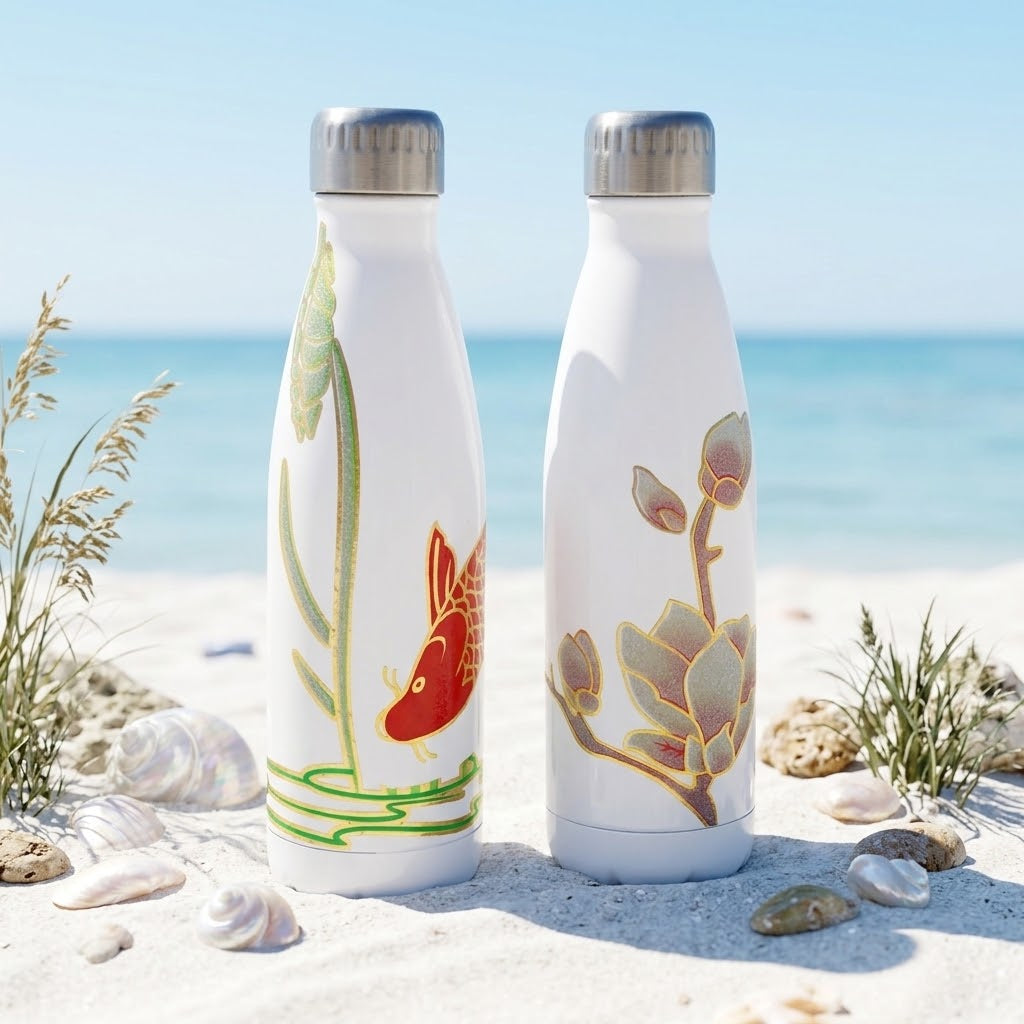 Underwater White Stainless Steel Bottle on beach sands in summer