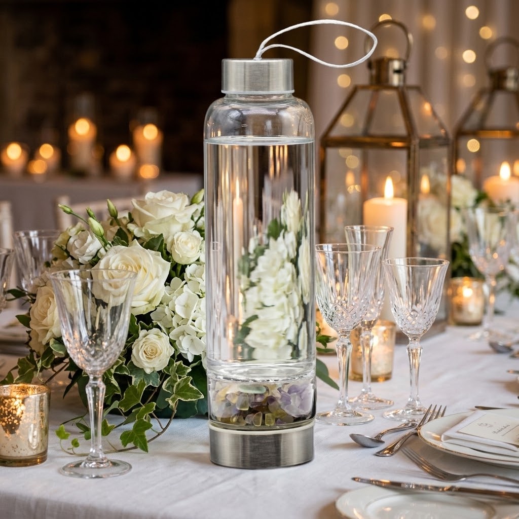 Fluorite Gemstone Glass Water Bottle with Black Sleeve at a wedding 