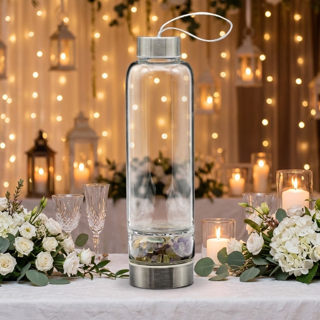 Fluorite Gemstone Glass Water Bottle with Black Sleeve at a wedding with fairy lights