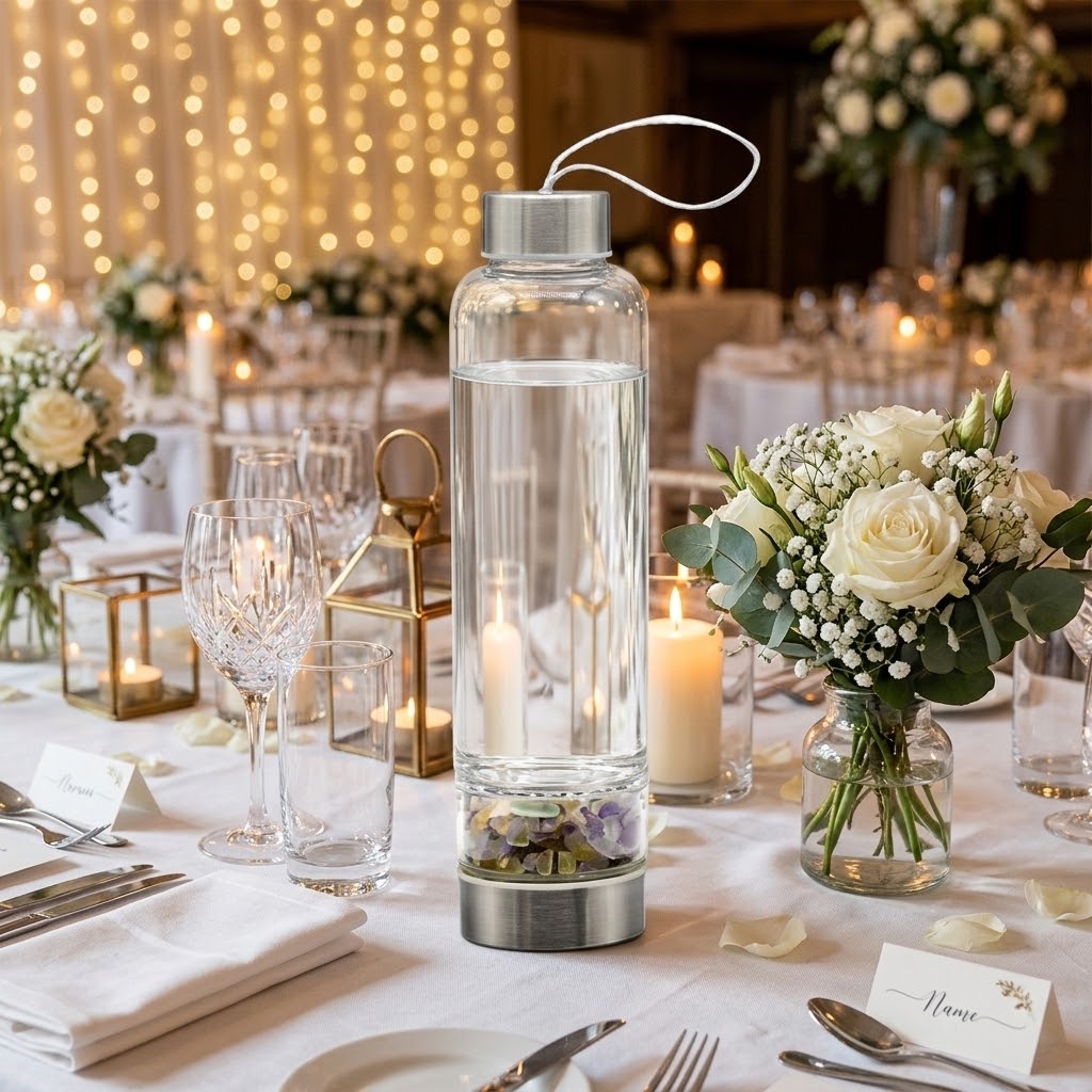 Fluorite Gemstone Glass Water Bottle with Black Sleeve at a wedding dinner