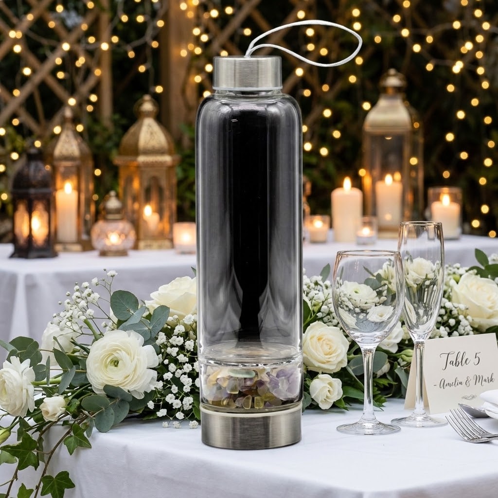 Fluorite Gemstone Glass Water Bottle with Black Sleeve on a wedding dinner table