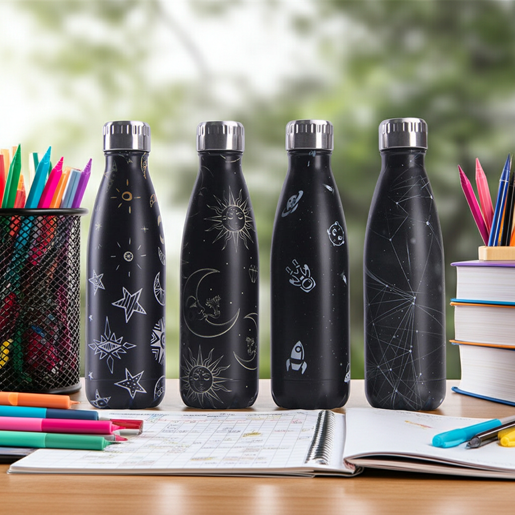 Astro 304 Stainless Steel Water Bottle on a desk with schoolwork