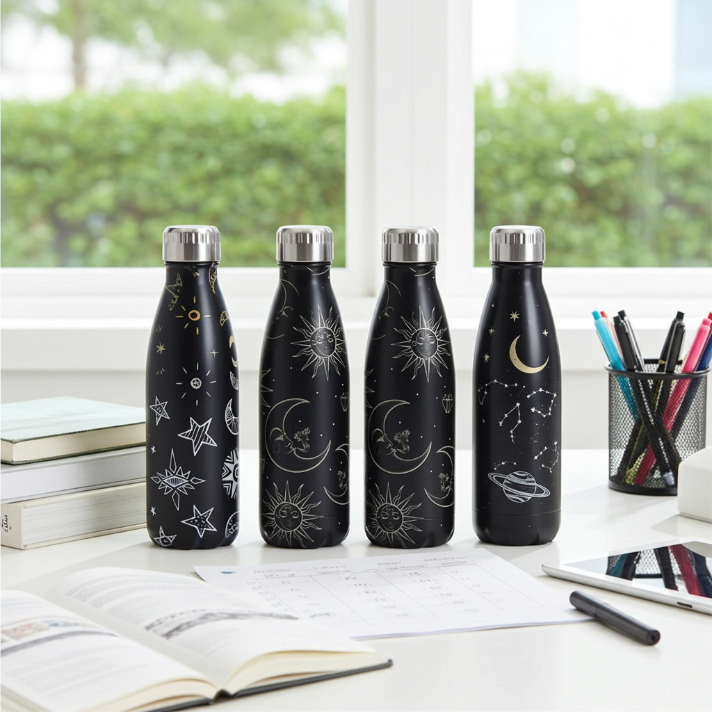 Astro 304 Stainless Steel Water Bottle on a white desk with books, pens and a tablet